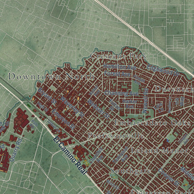 Second close-up of the map of Palo Alto, California print showing more streets and buildings