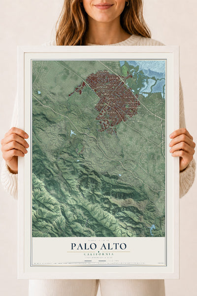 Map of Palo Alto, California, 18 x 24 inch print in a white wood frame