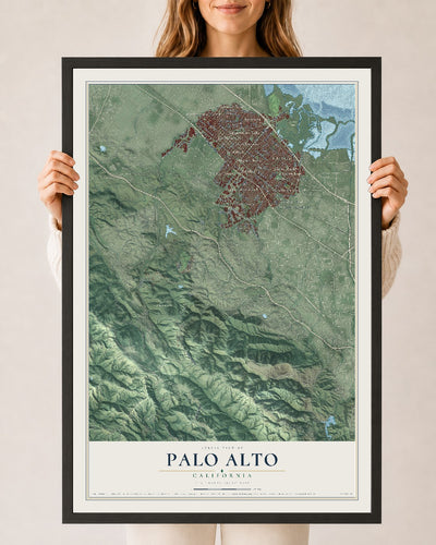 Map of Palo Alto, California, 24 x 36 inch print in a black wood frame