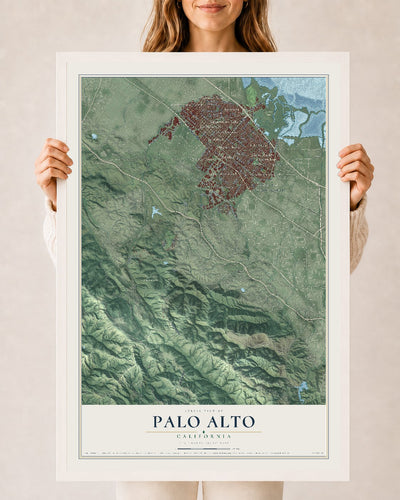 Map of Palo Alto, California, 24 x 36 inch print in a white wood frame