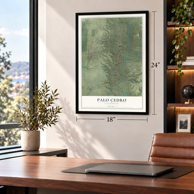 Palo Cedro, California map, 18 x 24 inch print in a black frame in a home office
