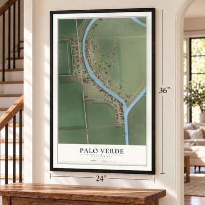 Palo Verde, California map, 24 x 36 inch print in a black frame by a staircase
