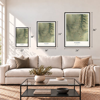 Paloma, California map in 12 x 18, 18 x 24 and 24 x 36 inch sizes above a sofa