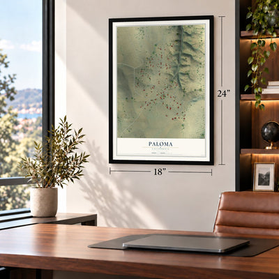 Paloma, California map, 18 x 24 inch print in a black frame in a home office