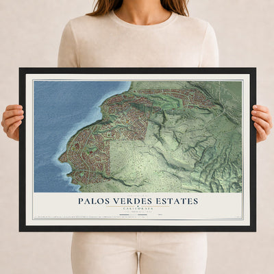 Map of Palos Verdes Estates, California, 12 x 18 inch print in a black wood frame
