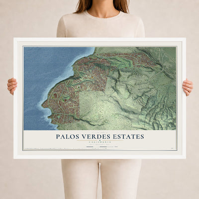 Map of Palos Verdes Estates, California, 24 x 36 inch print in a white wood frame