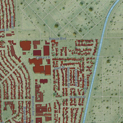 Second close-up of the map of Panorama City, California print showing more streets and buildings