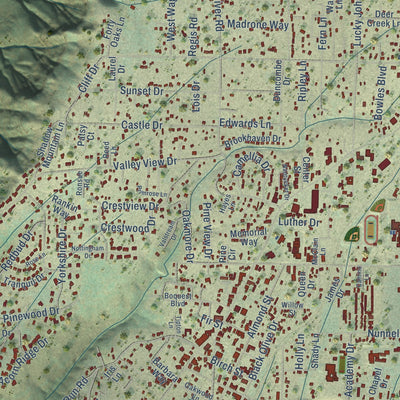 Second close-up of the map of Paradise, California print showing more streets and buildings