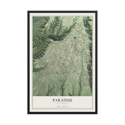 Map of Paradise, California, 12 x 18 inch print in a black wood frame