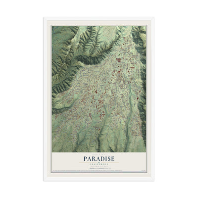 Map of Paradise, California, 12 x 18 inch print in a white wood frame