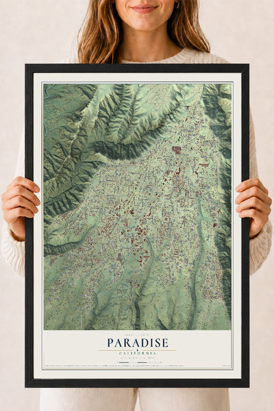 Map of Paradise, California, 18 x 24 inch print in a black wood frame