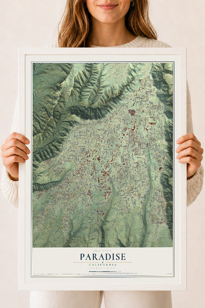 Map of Paradise, California, 18 x 24 inch print in a white wood frame