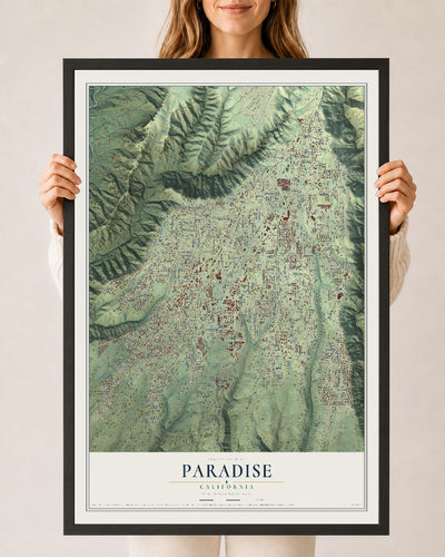 Map of Paradise, California, 24 x 36 inch print in a black wood frame