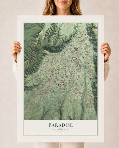 Map of Paradise, California, 24 x 36 inch print in a white wood frame