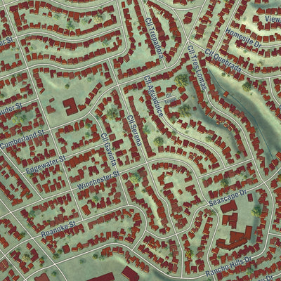 Close-up of the map of Paradise Hills, California print showing street and building detail