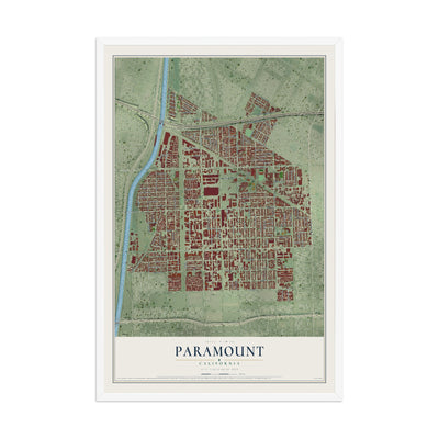 Map of Paramount, California, 12 x 18 inch print in a white wood frame