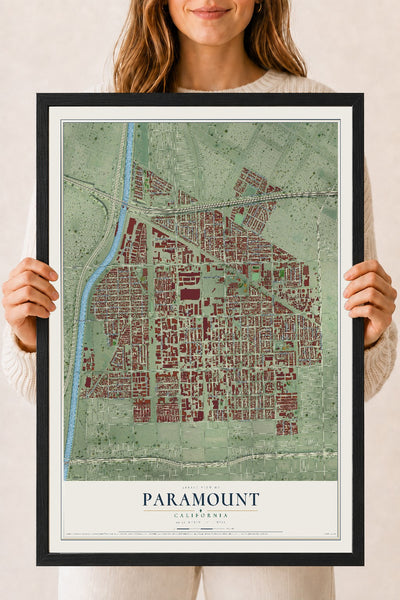 Map of Paramount, California, 18 x 24 inch print in a black wood frame