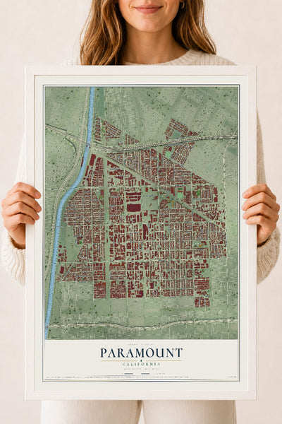 Map of Paramount, California, 18 x 24 inch print in a white wood frame