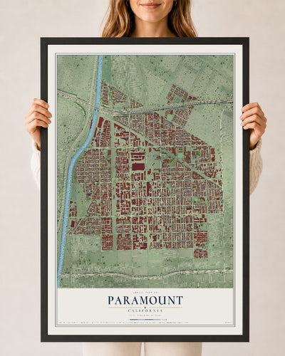 Map of Paramount, California, 24 x 36 inch print in a black wood frame