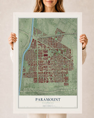 Map of Paramount, California, 24 x 36 inch print in a white wood frame