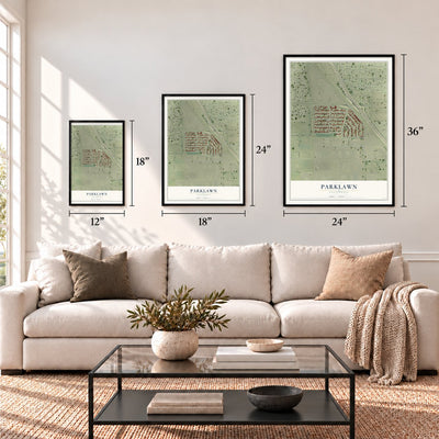 Parklawn, California map in 12 x 18, 18 x 24 and 24 x 36 inch sizes above a sofa