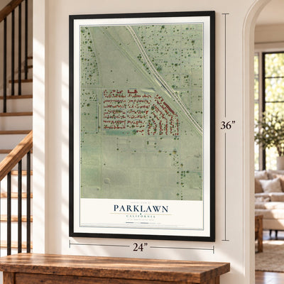Parklawn, California map, 24 x 36 inch print in a black frame by a staircase