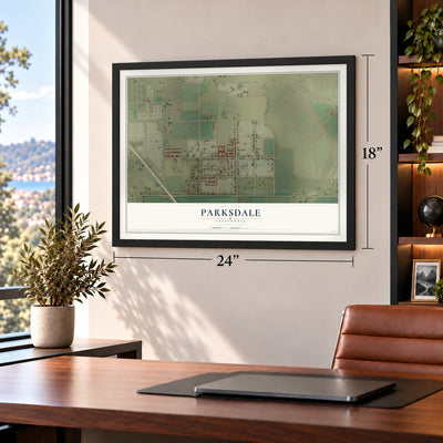 Parksdale, California map, 18 x 24 inch print in a black frame in a home office