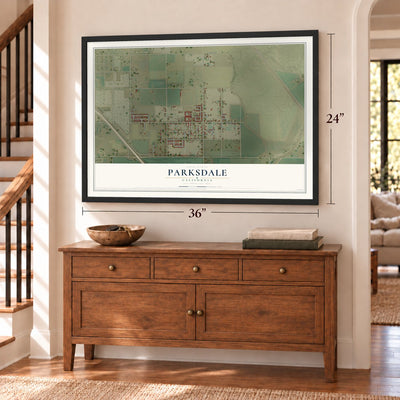 Parksdale, California map, 24 x 36 inch print in a black frame above a dresser by a staircase