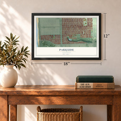Parkside, California map, 12 x 18 inch print in a black frame in an entryway