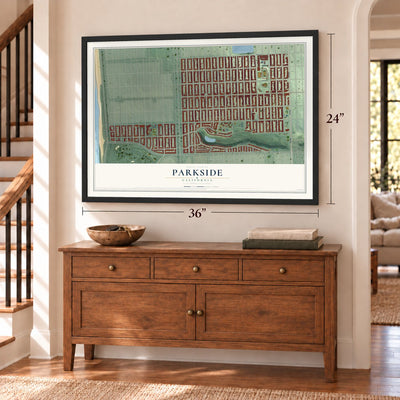 Parkside, California map, 24 x 36 inch print in a black frame above a dresser by a staircase