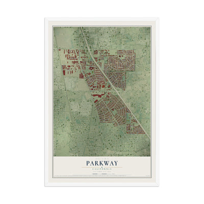 Map of Parkway, California, 12 x 18 inch print in a white wood frame