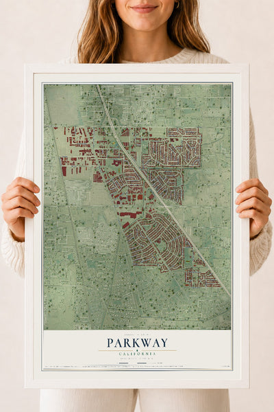 Map of Parkway, California, 18 x 24 inch print in a white wood frame