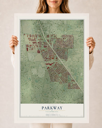 Map of Parkway, California, 24 x 36 inch print in a white wood frame