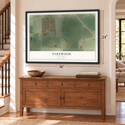 Parkwood, California map, 24 x 36 inch print in a black frame above a dresser by a staircase