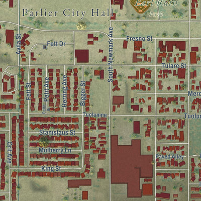 Close-up of the map of Parlier, California print showing street and building detail