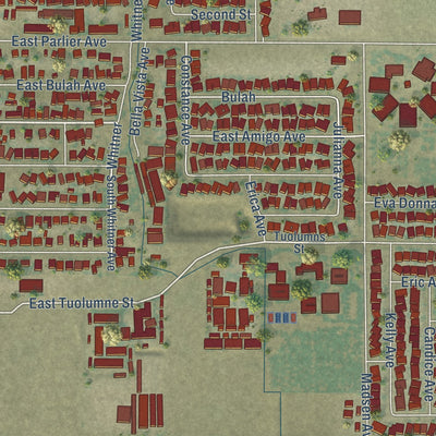 Second close-up of the map of Parlier, California print showing more streets and buildings