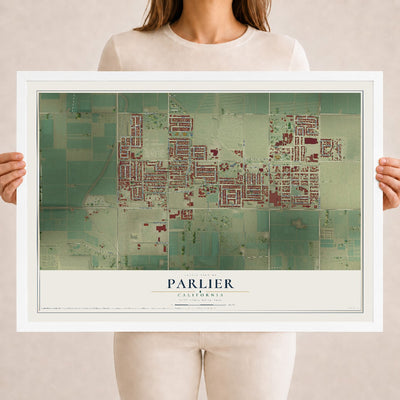 Map of Parlier, California, 18 x 24 inch print in a white wood frame