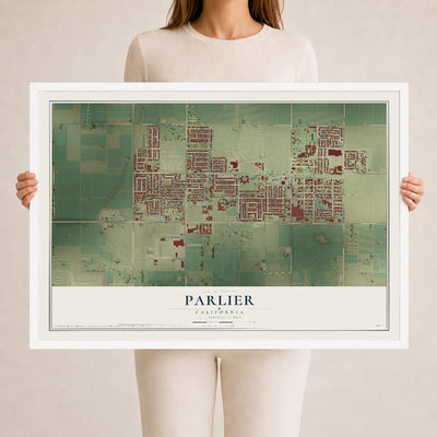 Map of Parlier, California, 24 x 36 inch print in a white wood frame