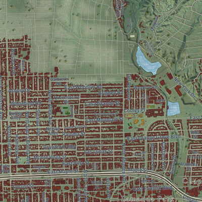 Second close-up of the map of Pasadena, California print showing more streets and buildings