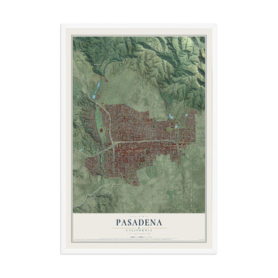 Map of Pasadena, California, 12 x 18 inch print in a white wood frame