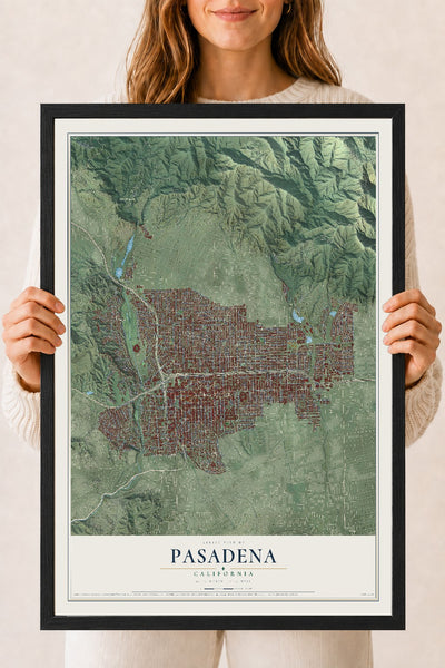 Map of Pasadena, California, 18 x 24 inch print in a black wood frame