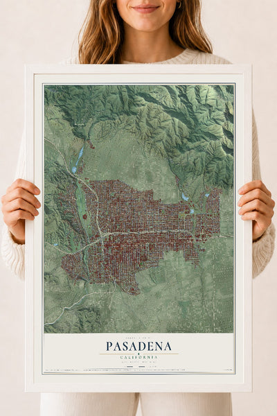 Map of Pasadena, California, 18 x 24 inch print in a white wood frame