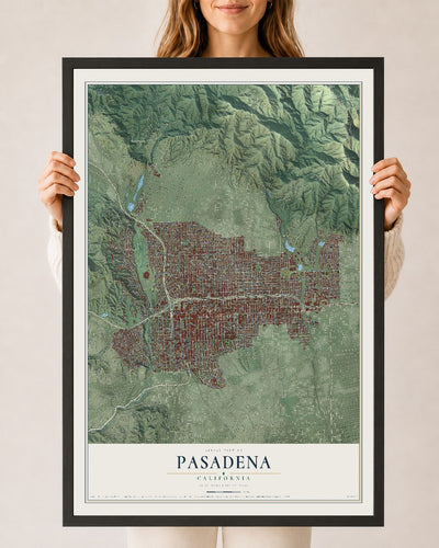 Map of Pasadena, California, 24 x 36 inch print in a black wood frame