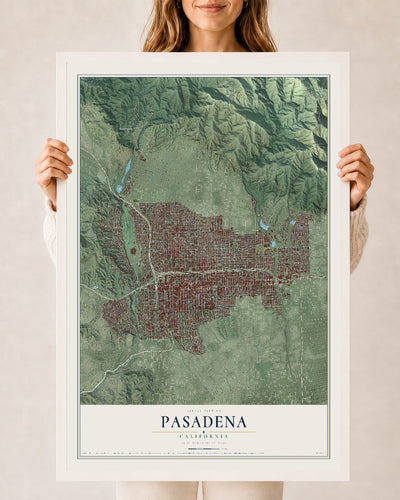 Map of Pasadena, California, 24 x 36 inch print in a white wood frame