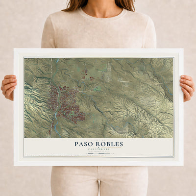 Map of Paso Robles, California, 12 x 18 inch print in a white wood frame