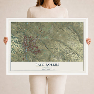 Map of Paso Robles, California, 24 x 36 inch print in a white wood frame