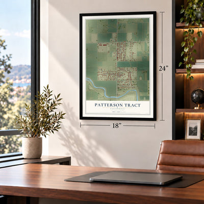 Patterson Tract, California map, 18 x 24 inch print in a black frame in a home office