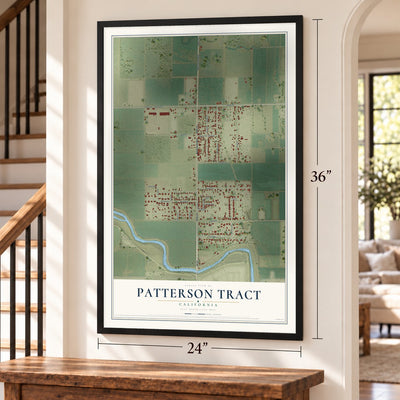 Patterson Tract, California map, 24 x 36 inch print in a black frame by a staircase