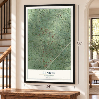 Penryn, California map, 24 x 36 inch print in a black frame by a staircase