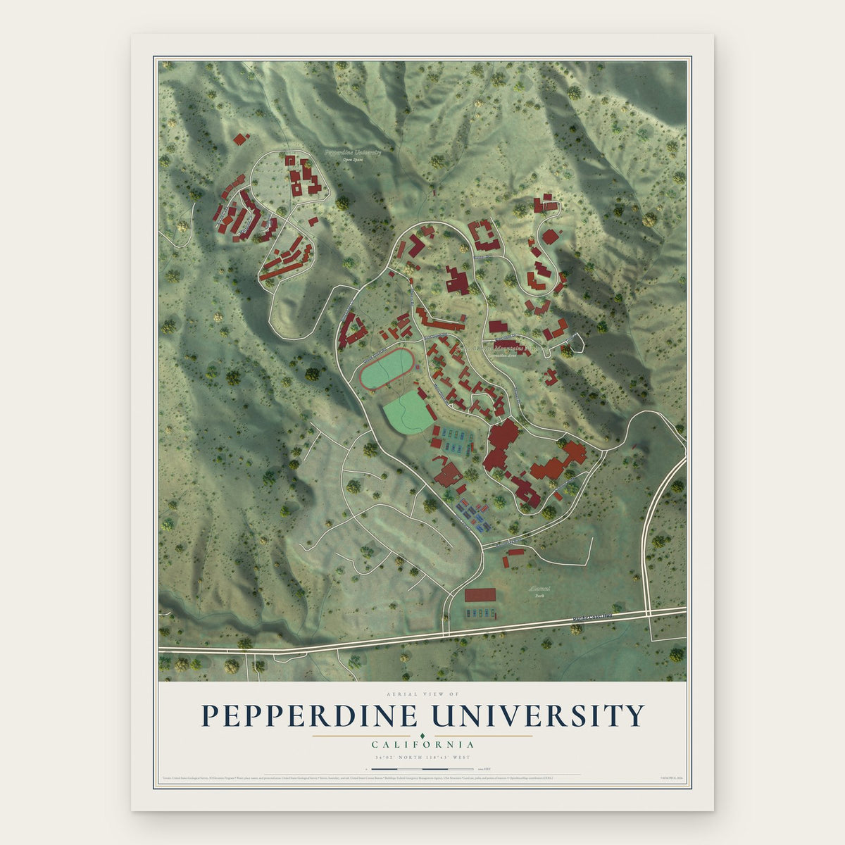 Pepperdine University, California map print, the full design